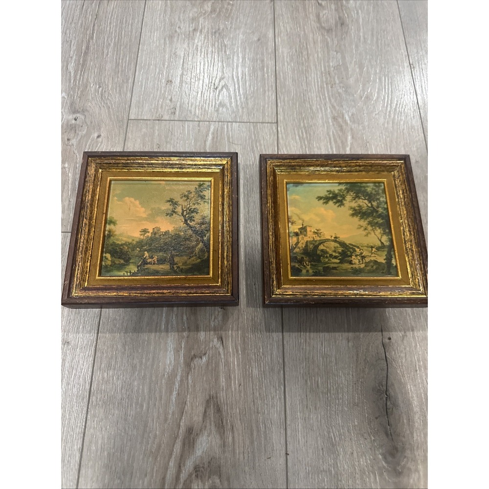 Vintage Reofect Squar Print Painting Reproduction Landscape 7" Gold Tone Frame
